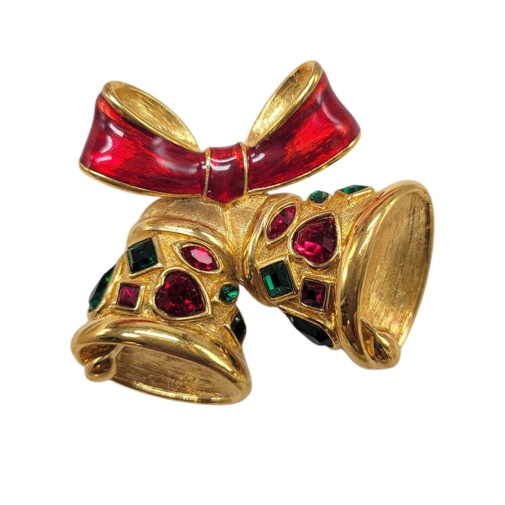 Vintage Bell Brooch With Red Bow & Rhinestones Gold-Tone Holiday Pin 2 Inches